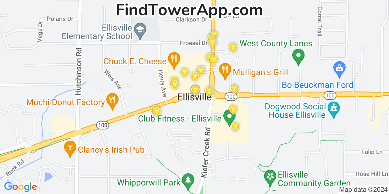 AT&T 4G/5G cell tower coverage map Ellisville, Missouri