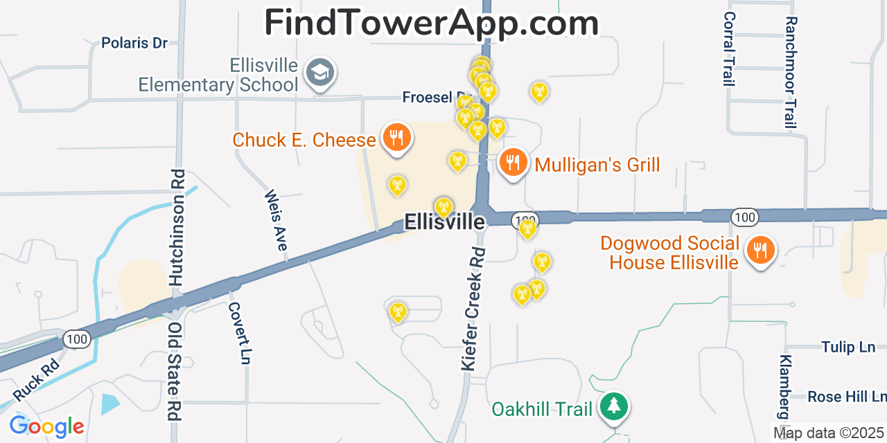Map showing the 20 primary cell tower locations detected in Ellisville, Missouri from AT&T, Verizon, and T-Mobile networks