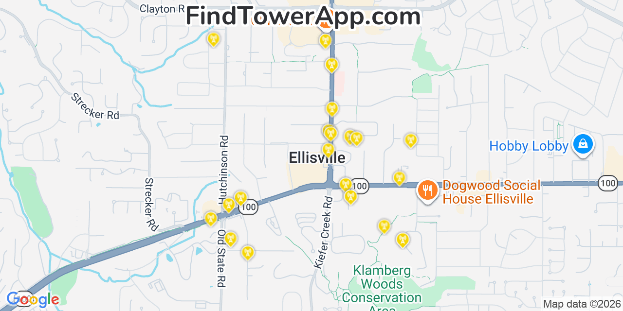 Map showing the 20 primary cell tower locations detected in Ellisville, Missouri from AT&T, Verizon, and T-Mobile networks