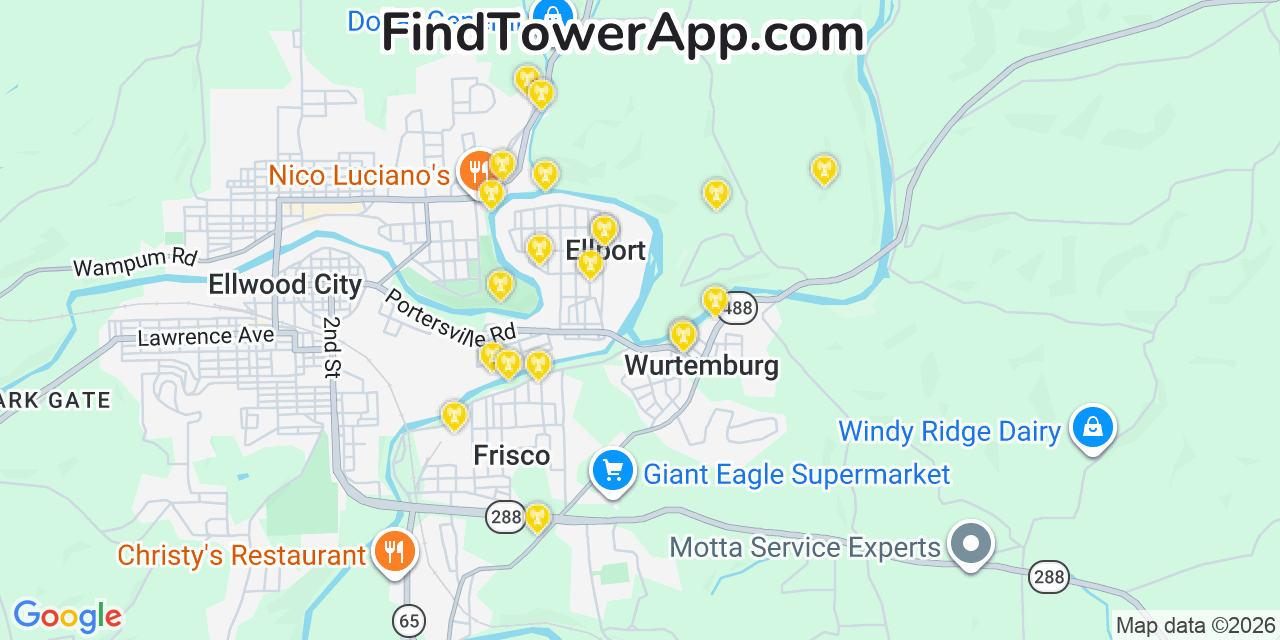 Map showing the 20 primary cell tower locations detected in Ellport, Pennsylvania from AT&T, Verizon, and T-Mobile networks