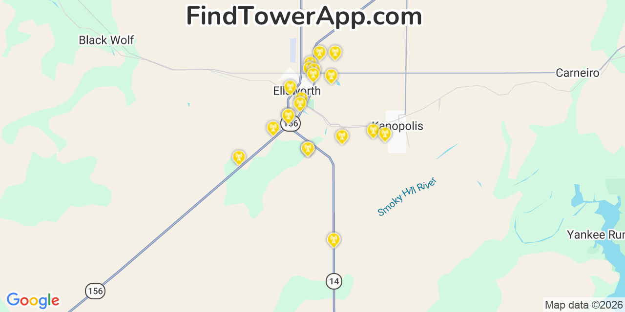 Map showing the 20 primary cell tower locations detected in Ellsworth, Kansas from AT&T, Verizon, and T-Mobile networks