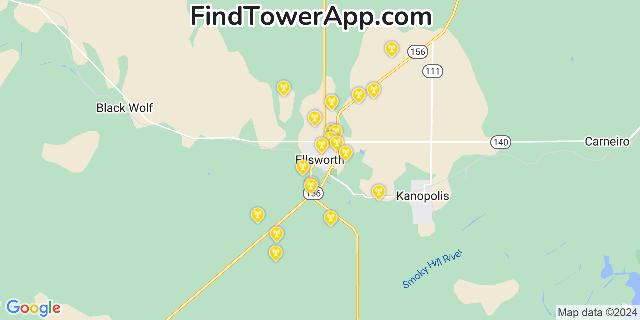 Verizon 4G/5G cell tower coverage map Ellsworth, Kansas