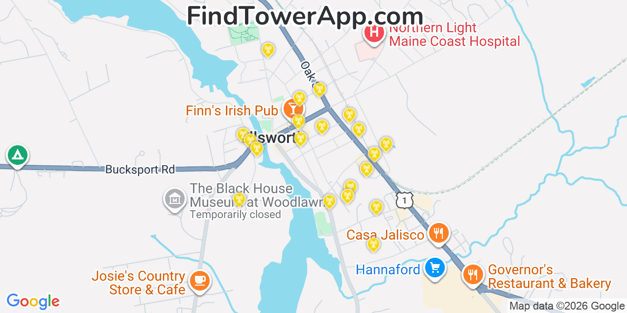 Map showing the 20 primary cell tower locations detected in Ellsworth, Maine from AT&T, Verizon, and T-Mobile networks