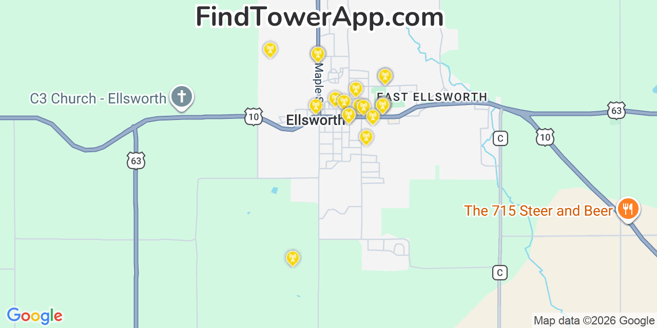 Map showing the 20 primary cell tower locations detected in Ellsworth, Wisconsin from AT&T, Verizon, and T-Mobile networks