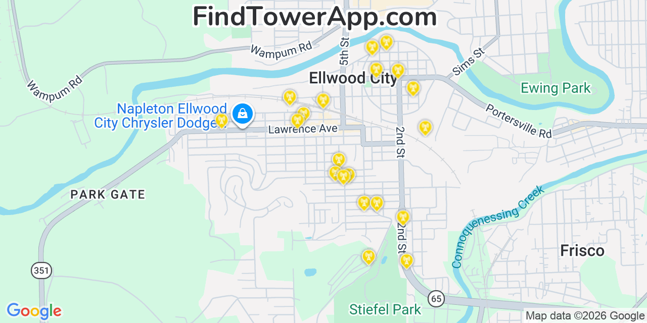 Map showing the 20 primary cell tower locations detected in Ellwood City, Pennsylvania from AT&T, Verizon, and T-Mobile networks
