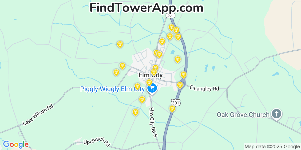 Map showing the 20 primary cell tower locations detected in Elm City, North Carolina from AT&T, Verizon, and T-Mobile networks