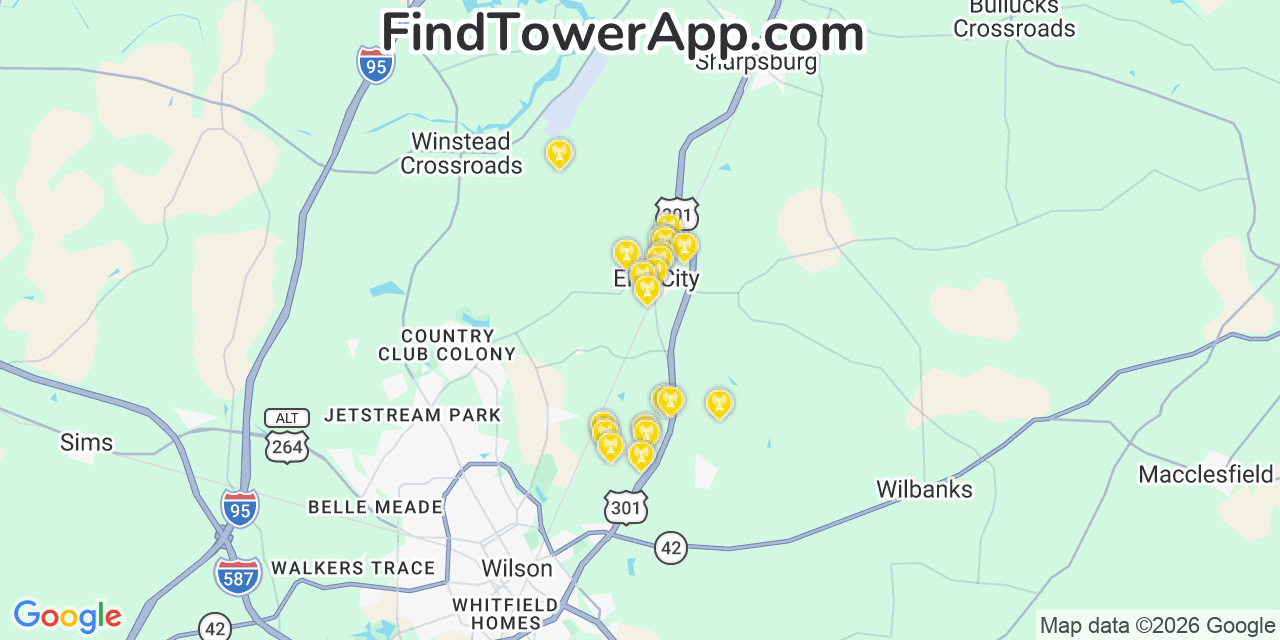 Map showing the 20 primary cell tower locations detected in Elm City, North Carolina from AT&T, Verizon, and T-Mobile networks