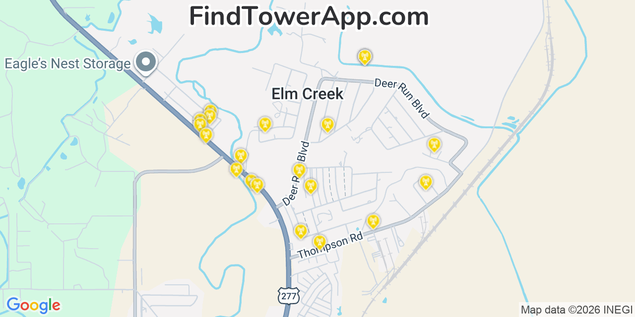 Map showing the 20 primary cell tower locations detected in Elm Creek, Texas from AT&T, Verizon, and T-Mobile networks