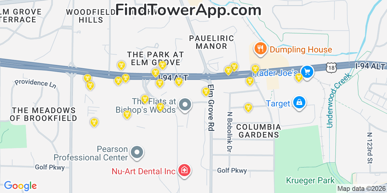 Map showing the 20 primary cell tower locations detected in Elm Grove, Wisconsin from AT&T, Verizon, and T-Mobile networks