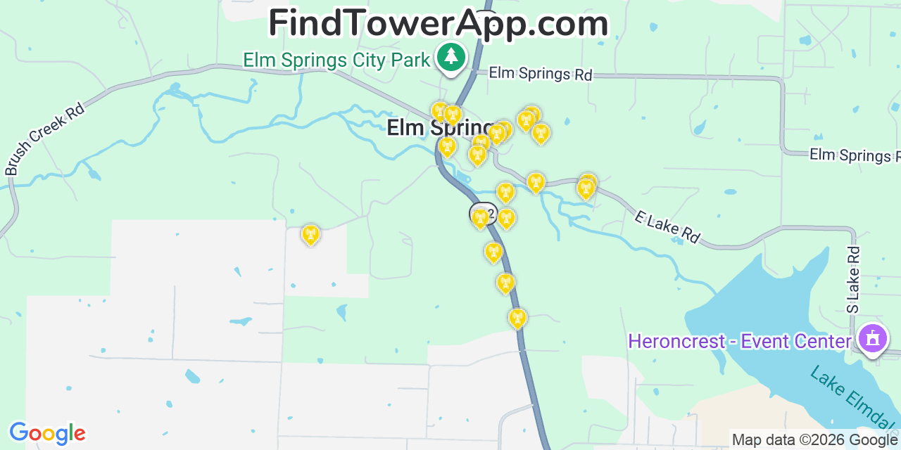 Map showing the 20 primary cell tower locations detected in Elm Springs, Arkansas from AT&T, Verizon, and T-Mobile networks
