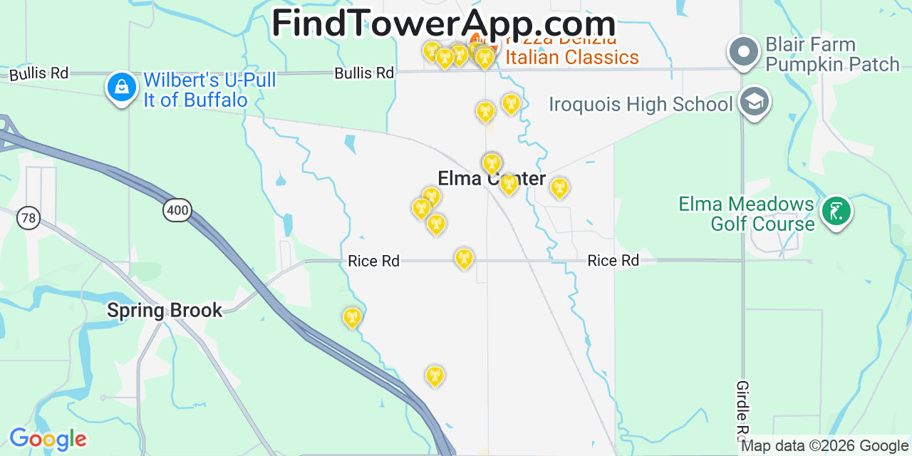 Map showing the 20 primary cell tower locations detected in Elma Center, New York from AT&T, Verizon, and T-Mobile networks
