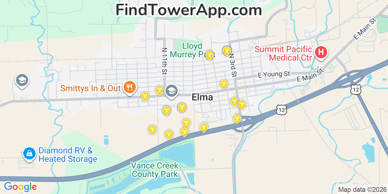 Map showing the 20 primary cell tower locations detected in Elma, Washington from AT&T, Verizon, and T-Mobile networks