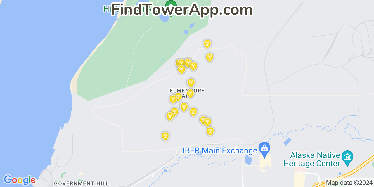 AT&T 4G/5G cell tower coverage map Elmendorf Air Force Base, Alaska