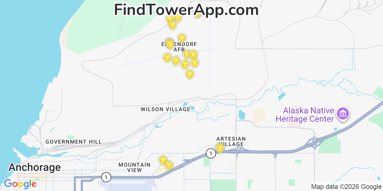 Map showing the 20 primary cell tower locations detected in Elmendorf Air Force Base, Alaska from AT&T, Verizon, and T-Mobile networks