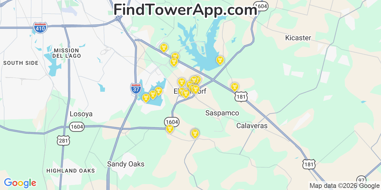 Map showing the 20 primary cell tower locations detected in Elmendorf, Texas from AT&T, Verizon, and T-Mobile networks