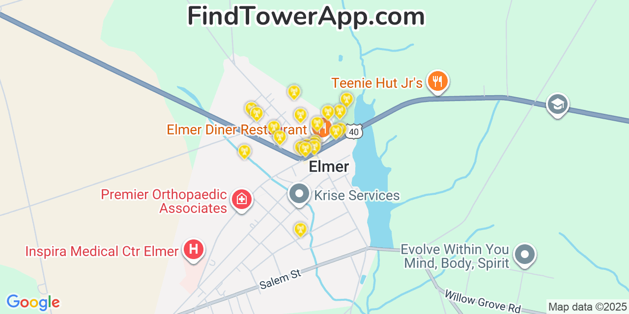 Map showing the 20 primary cell tower locations detected in Elmer, New Jersey from AT&T, Verizon, and T-Mobile networks