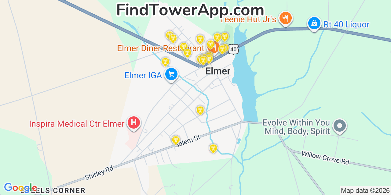 Map showing the 20 primary cell tower locations detected in Elmer, New Jersey from AT&T, Verizon, and T-Mobile networks