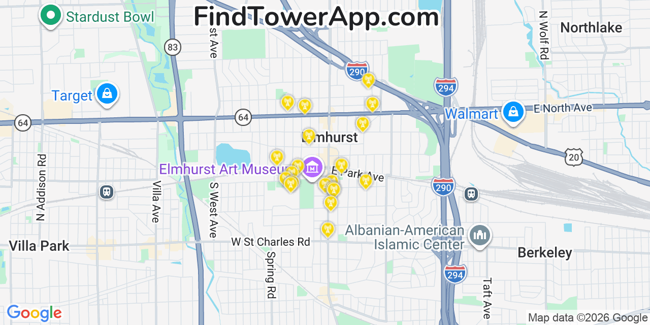 Map showing the 20 primary cell tower locations detected in Elmhurst, Illinois from AT&T, Verizon, and T-Mobile networks