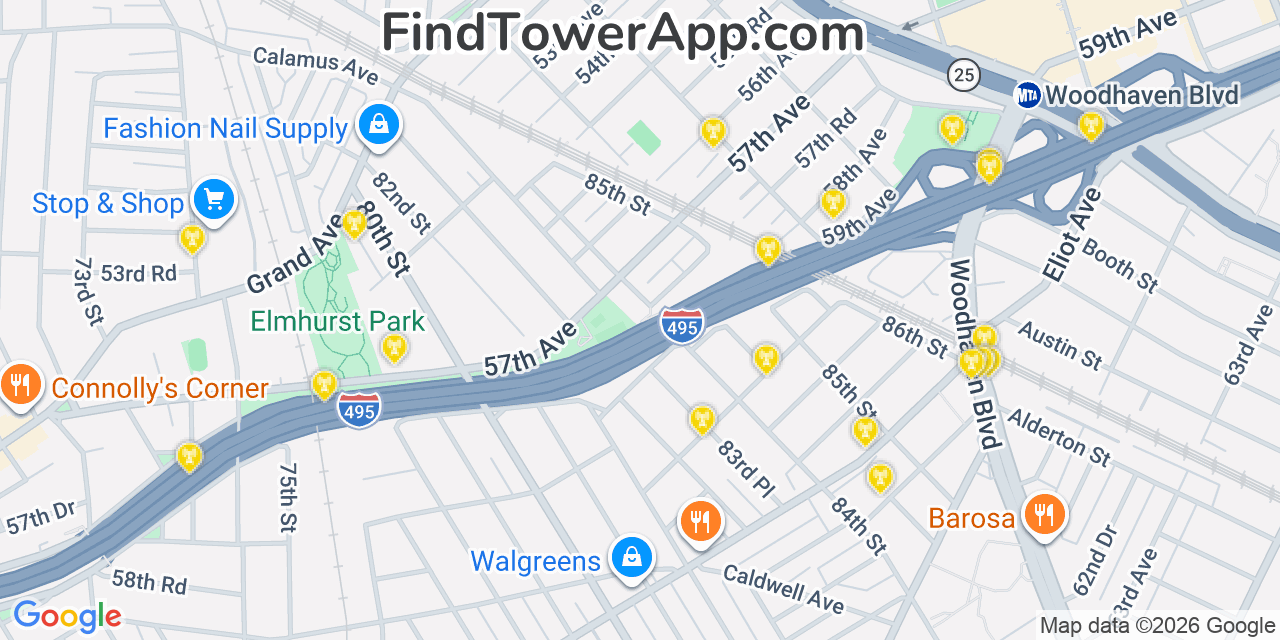 Map showing the 20 primary cell tower locations detected in Elmhurst, New York from AT&T, Verizon, and T-Mobile networks