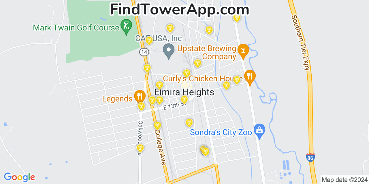 AT&T 4G/5G cell tower coverage map Elmira Heights, New York