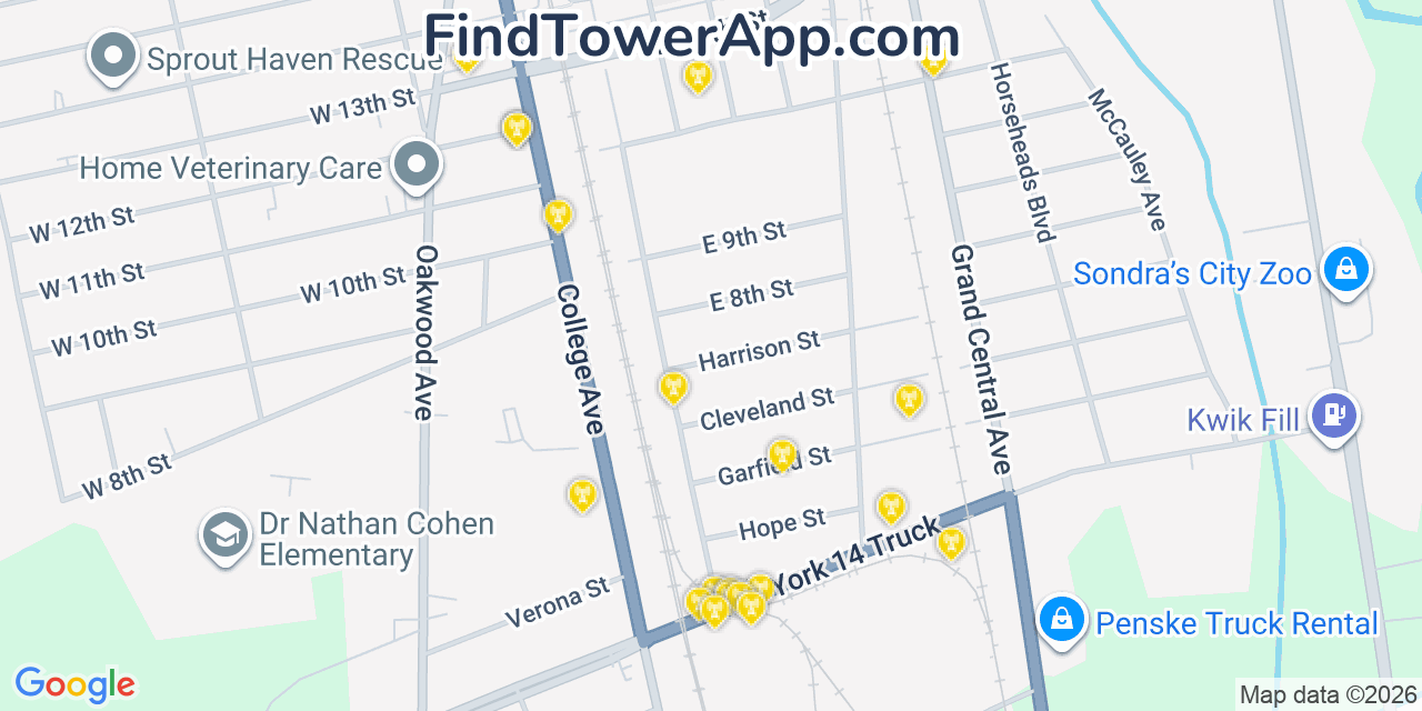 Map showing the 20 primary cell tower locations detected in Elmira Heights, New York from AT&T, Verizon, and T-Mobile networks