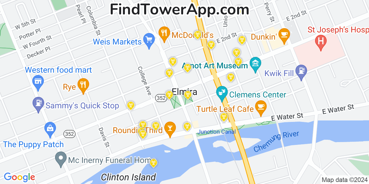 AT&T 4G/5G cell tower coverage map Elmira, New York