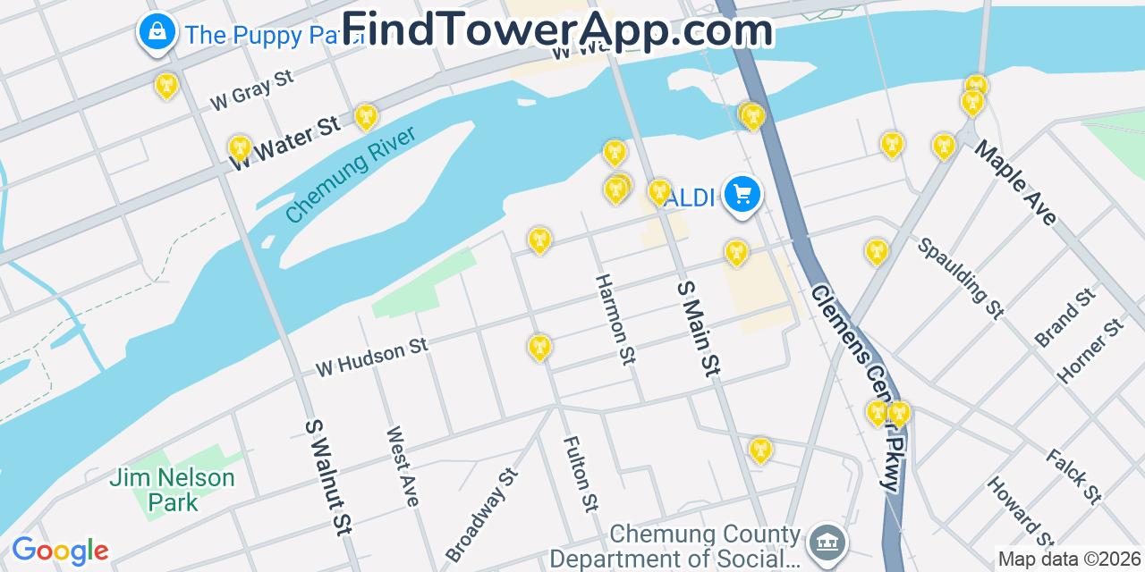 Map showing the 20 primary cell tower locations detected in Elmira, New York from AT&T, Verizon, and T-Mobile networks