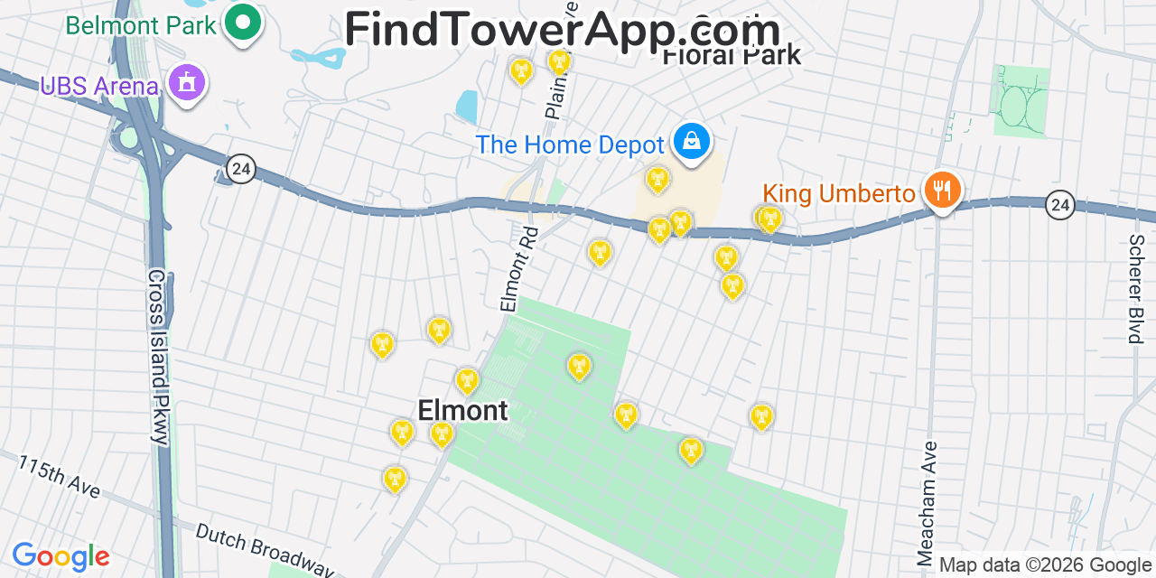 Map showing the 20 primary cell tower locations detected in Elmont, New York from AT&T, Verizon, and T-Mobile networks