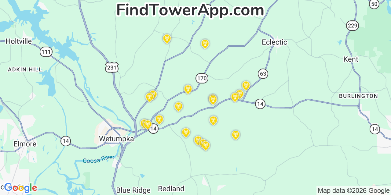 Map showing the 20 primary cell tower locations detected in Elmore, Alabama from AT&T, Verizon, and T-Mobile networks