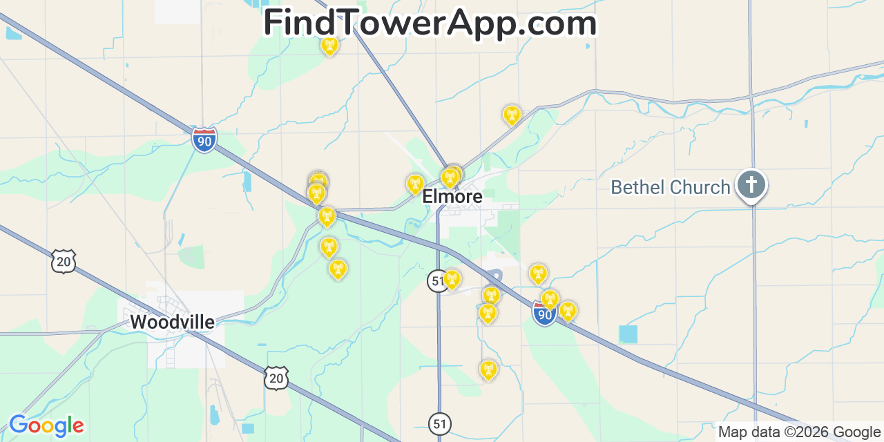 Map showing the 20 primary cell tower locations detected in Elmore, Ohio from AT&T, Verizon, and T-Mobile networks