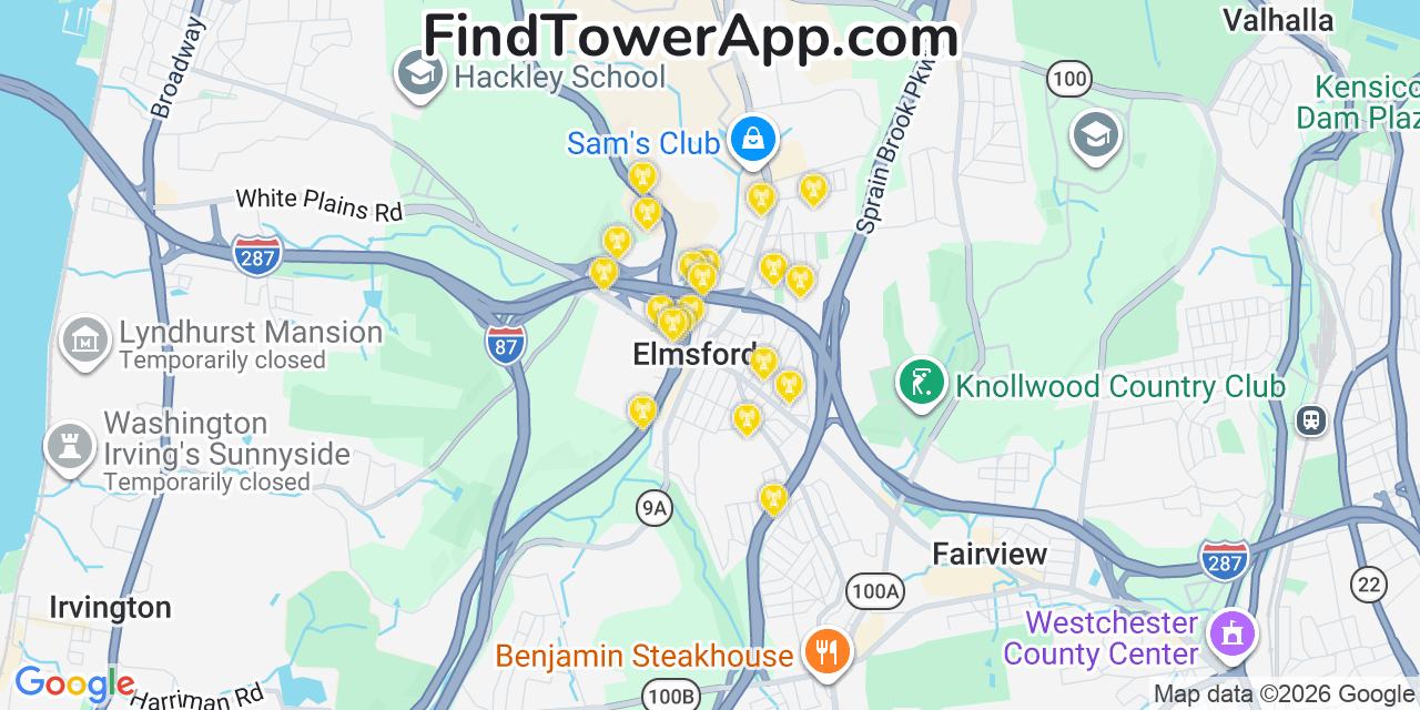 Map showing the 20 primary cell tower locations detected in Elmsford, New York from AT&T, Verizon, and T-Mobile networks