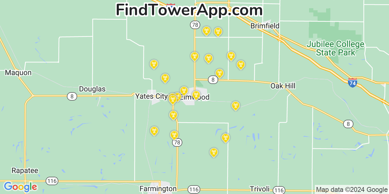 AT&T 4G/5G cell tower coverage map Elmwood, Illinois