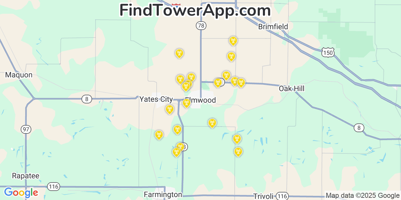 Map showing the 20 primary cell tower locations detected in Elmwood, Illinois from AT&T, Verizon, and T-Mobile networks