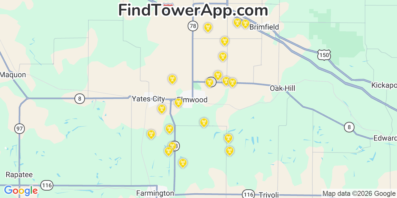 Map showing the 20 primary cell tower locations detected in Elmwood, Illinois from AT&T, Verizon, and T-Mobile networks