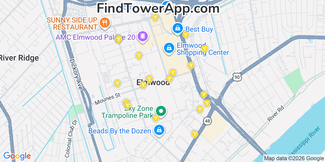 Map showing the 20 primary cell tower locations detected in Elmwood, Louisiana from AT&T, Verizon, and T-Mobile networks