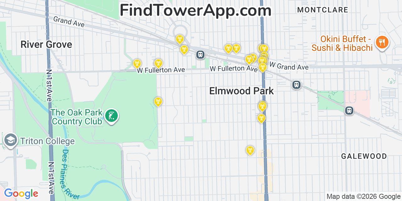 Map showing the 20 primary cell tower locations detected in Elmwood Park, Illinois from AT&T, Verizon, and T-Mobile networks