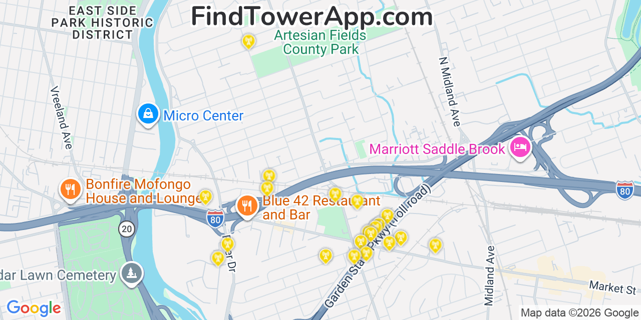Map showing the 20 primary cell tower locations detected in Elmwood Park, New Jersey from AT&T, Verizon, and T-Mobile networks