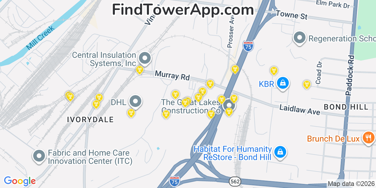 Map showing the 20 primary cell tower locations detected in Elmwood Place, Ohio from AT&T, Verizon, and T-Mobile networks