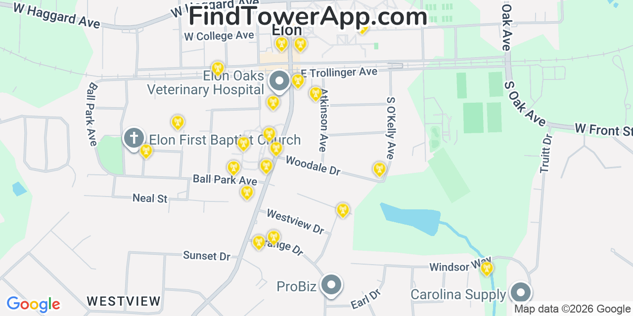Map showing the 20 primary cell tower locations detected in Elon, North Carolina from AT&T, Verizon, and T-Mobile networks