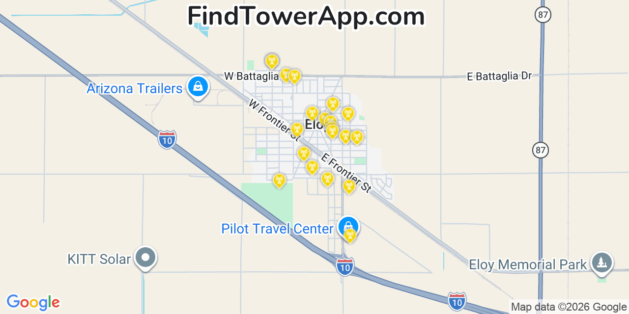 Map showing the 20 primary cell tower locations detected in Eloy, Arizona from AT&T, Verizon, and T-Mobile networks