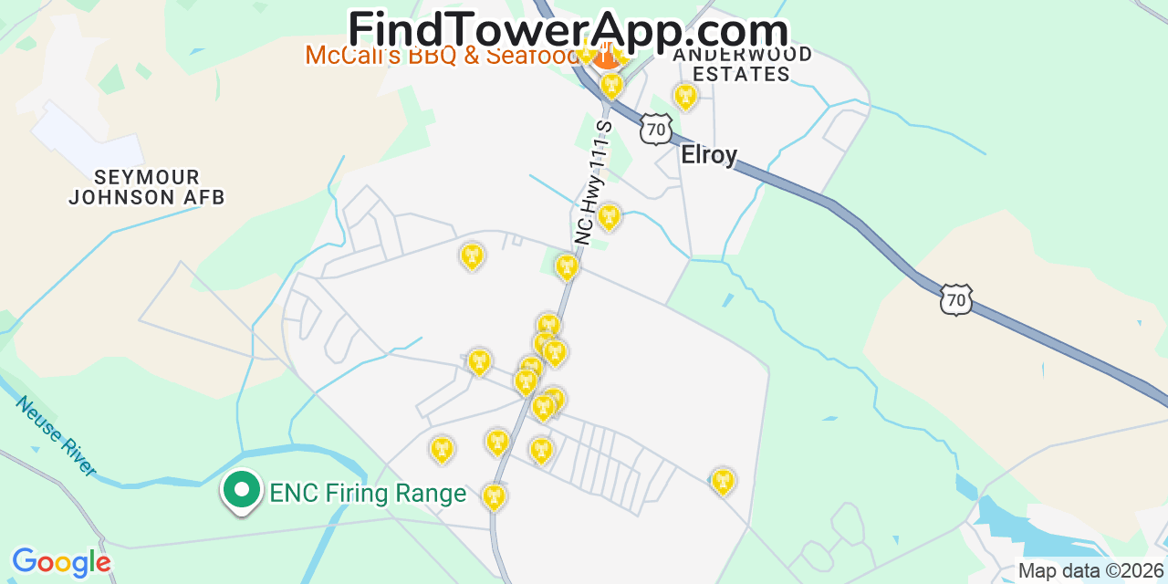 Map showing the 20 primary cell tower locations detected in Elroy, North Carolina from AT&T, Verizon, and T-Mobile networks