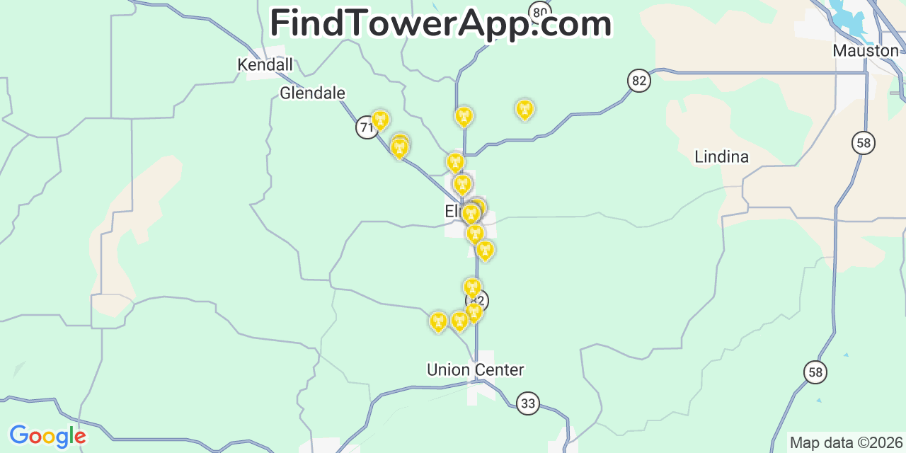 Map showing the 20 primary cell tower locations detected in Elroy, Wisconsin from AT&T, Verizon, and T-Mobile networks