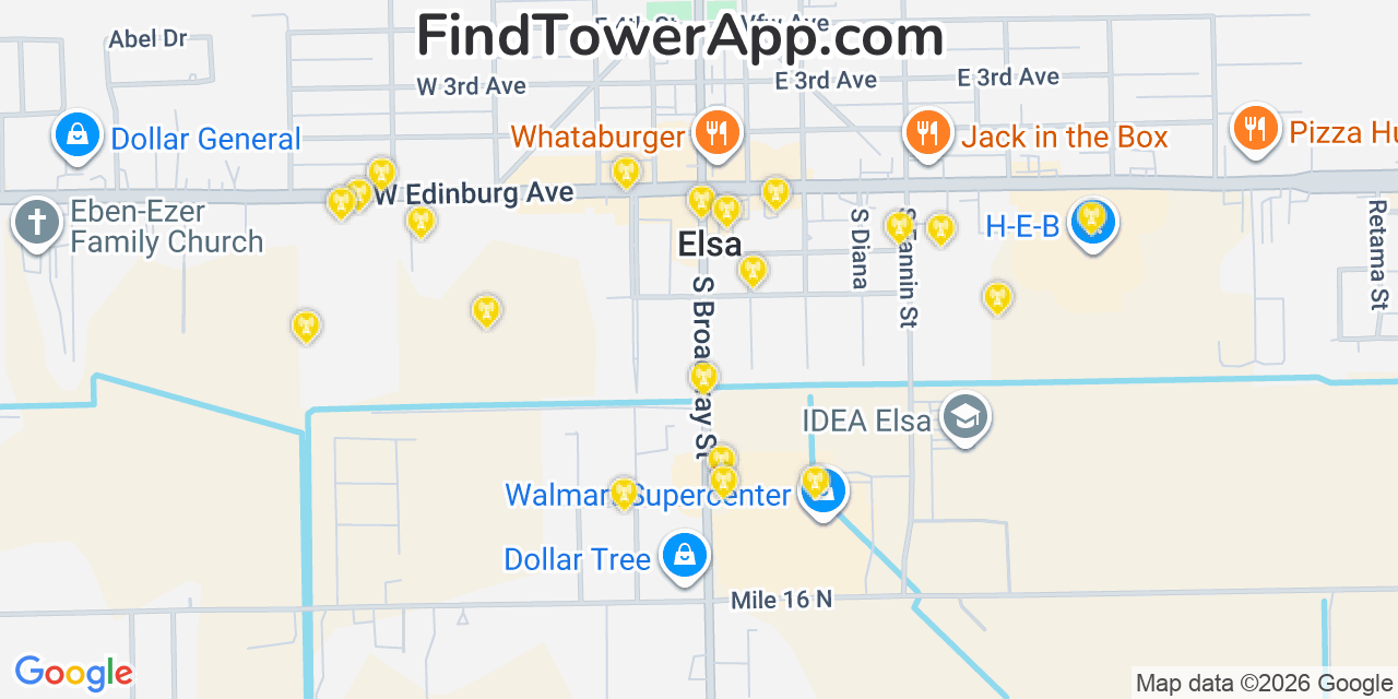 Map showing the 20 primary cell tower locations detected in Elsa, Texas from AT&T, Verizon, and T-Mobile networks