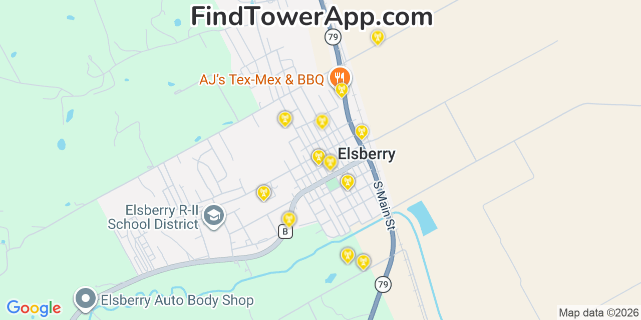 Map showing the 20 primary cell tower locations detected in Elsberry, Missouri from AT&T, Verizon, and T-Mobile networks
