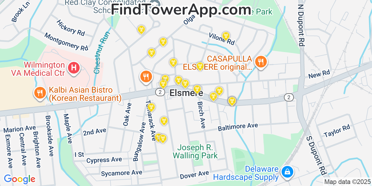 Map showing the 20 primary cell tower locations detected in Elsmere, Delaware from AT&T, Verizon, and T-Mobile networks