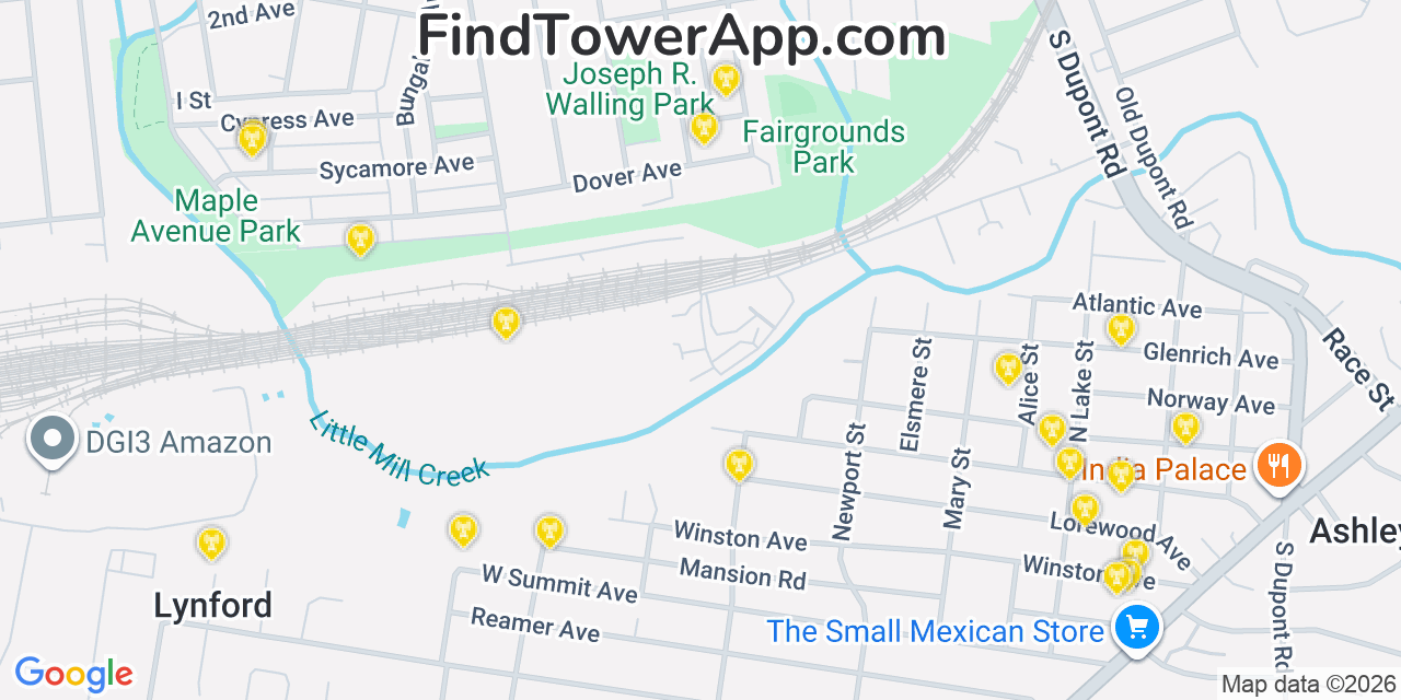 Map showing the 20 primary cell tower locations detected in Elsmere, Delaware from AT&T, Verizon, and T-Mobile networks