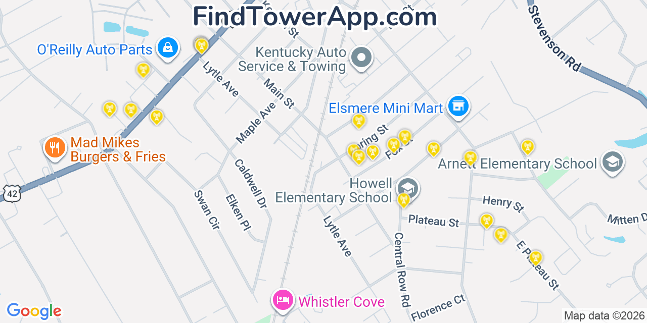 Map showing the 20 primary cell tower locations detected in Elsmere, Kentucky from AT&T, Verizon, and T-Mobile networks