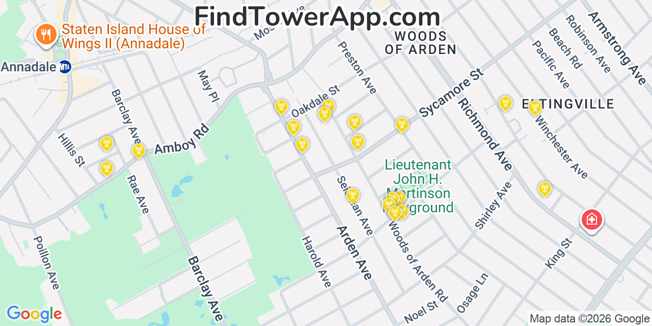Map showing the 20 primary cell tower locations detected in Eltingville, New York from AT&T, Verizon, and T-Mobile networks