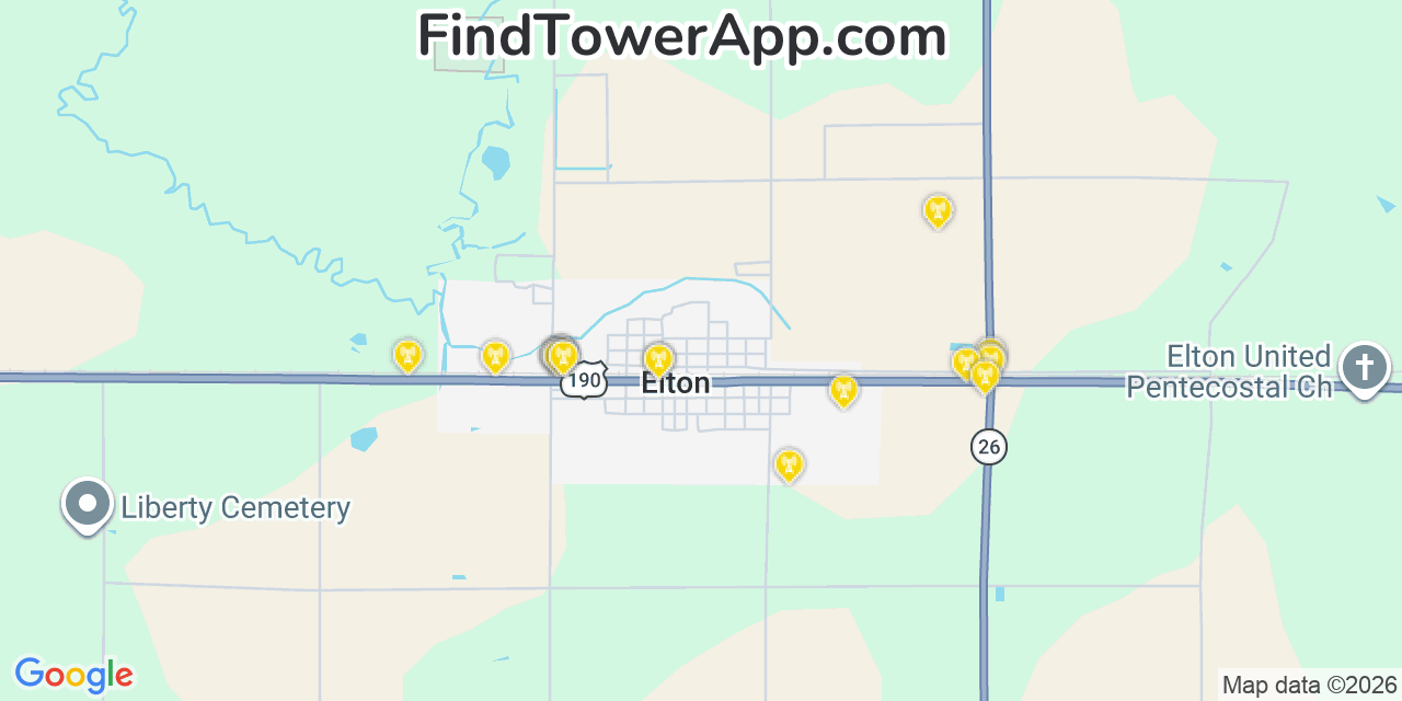Map showing the 20 primary cell tower locations detected in Elton, Louisiana from AT&T, Verizon, and T-Mobile networks