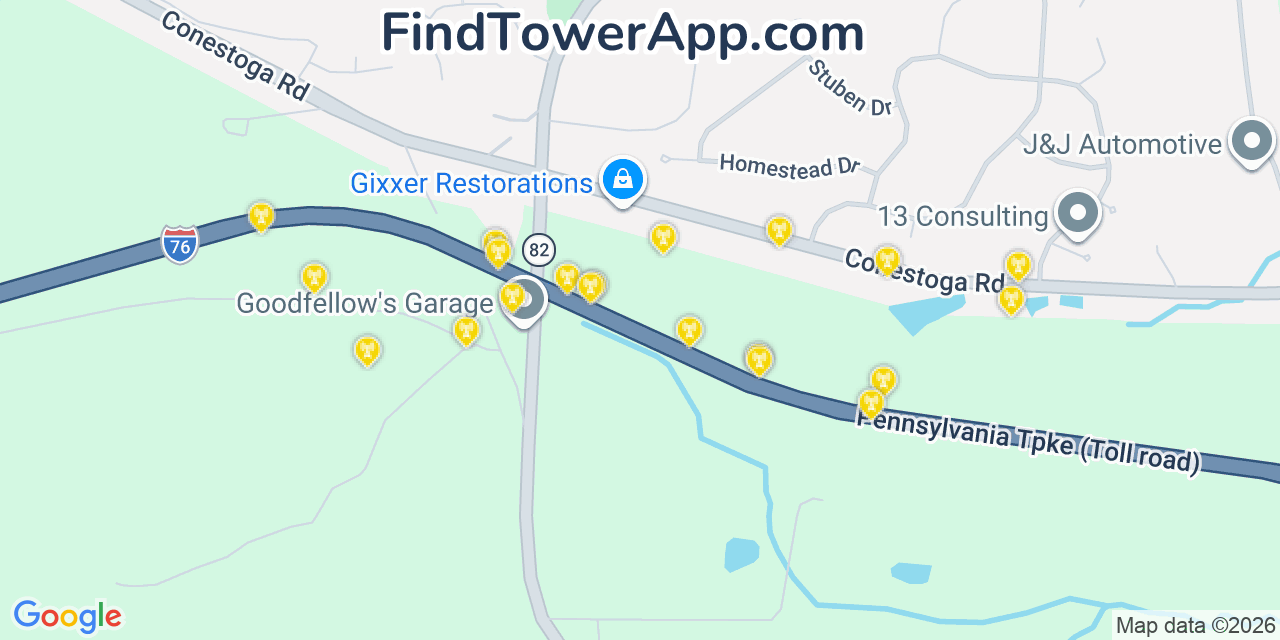 Map showing the 20 primary cell tower locations detected in Elverson, Pennsylvania from AT&T, Verizon, and T-Mobile networks